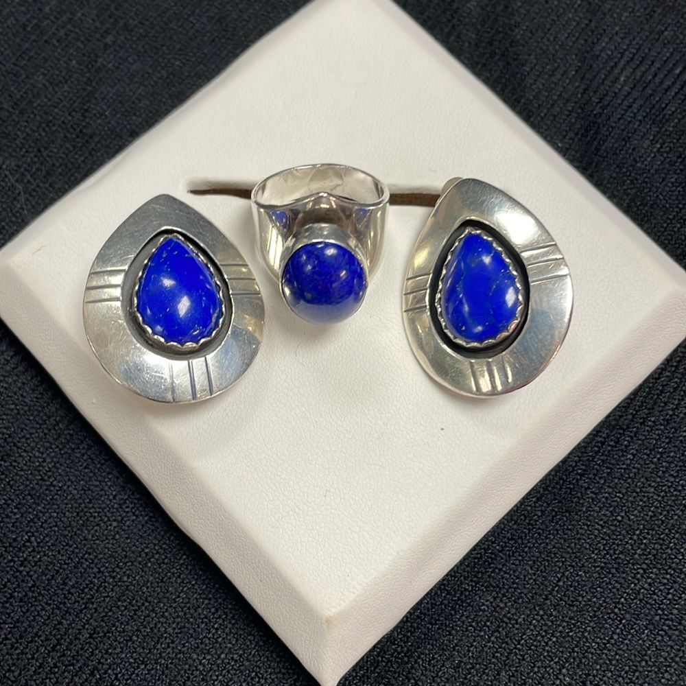 Navajo Artist JJ Johnny Johnson Lapis and Sterling Silver 3 piece set